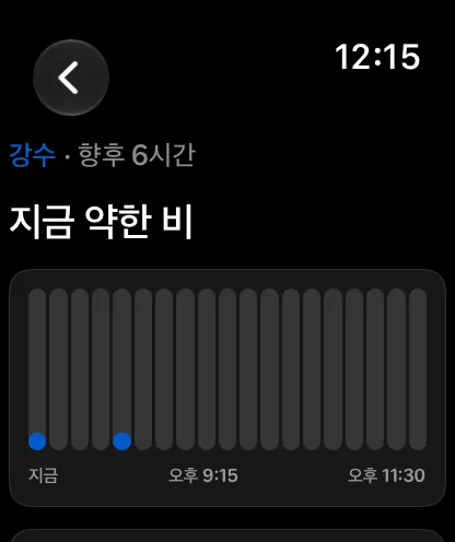 ‘지금 약한 비’라는 제목의 앞으로 6시간 강수 화면. 앞으로 여섯 시간에 걸친 캡슐 줄과 현재 시점을 나타내는 작은 파란 점, 아래쪽의 지금, 오후 4:00, 오후 6:15가 표시되어 있습니다.