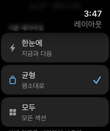 워치의 시작 프리셋 목록. ‘지금과 다음’으로 설명된 한눈에, ‘일반적인 구성’으로 설명되고 현재 체크된 균형, ‘모든 섹션’으로 설명된 전체가 있습니다.