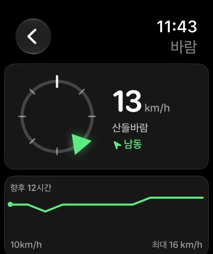 바람 화면. 왼쪽에 북북동에서 불어오는 방향을 가리키는 초록색 표시가 링 위에 있는 작은 나침반, 그 옆에 8mph, 산들바람, 초록색 북북동, 그 아래 ‘앞으로 12시간’ 카드에 왼쪽 5mph, 오른쪽 최고 7mph로 표시된 초록색 스파크라인이 있습니다.
