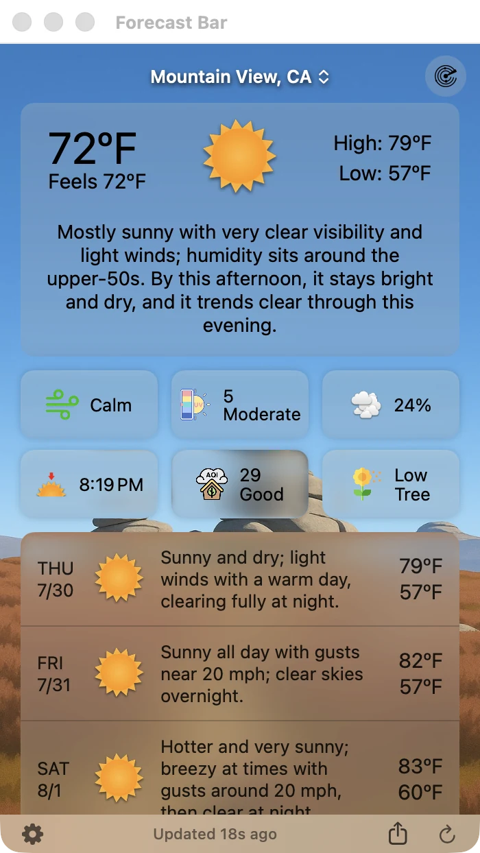 Forecast Bar running as a standard titled macOS window in Dock mode, showing current conditions, an AI summary, data tiles, and daily forecasts.
