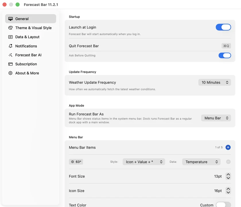 The Forecast Bar Settings window on the General tab, showing Startup, Menu Bar, and Update Frequency sections