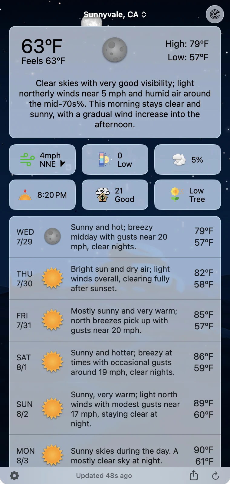 The Forecast Bar weather panel open below the menu bar, showing current conditions and forecasts