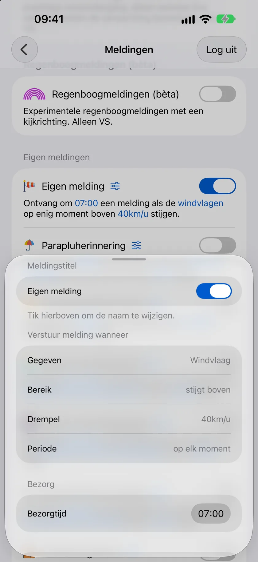 De editor voor aangepaste meldingen met de Paraplu-herinnering: gegevenspunt Kans op neerslag, stijgt boven 50 procent, op elk moment, bezorgd om 07:00.