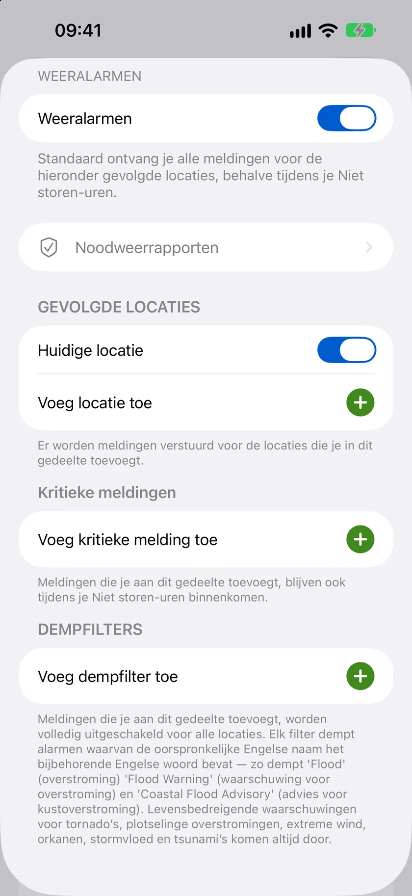 Het detailscherm Weermeldingen met de hoofdschakelaar en de secties Gevolgde locaties, Kritieke meldingen en Dempfilters.