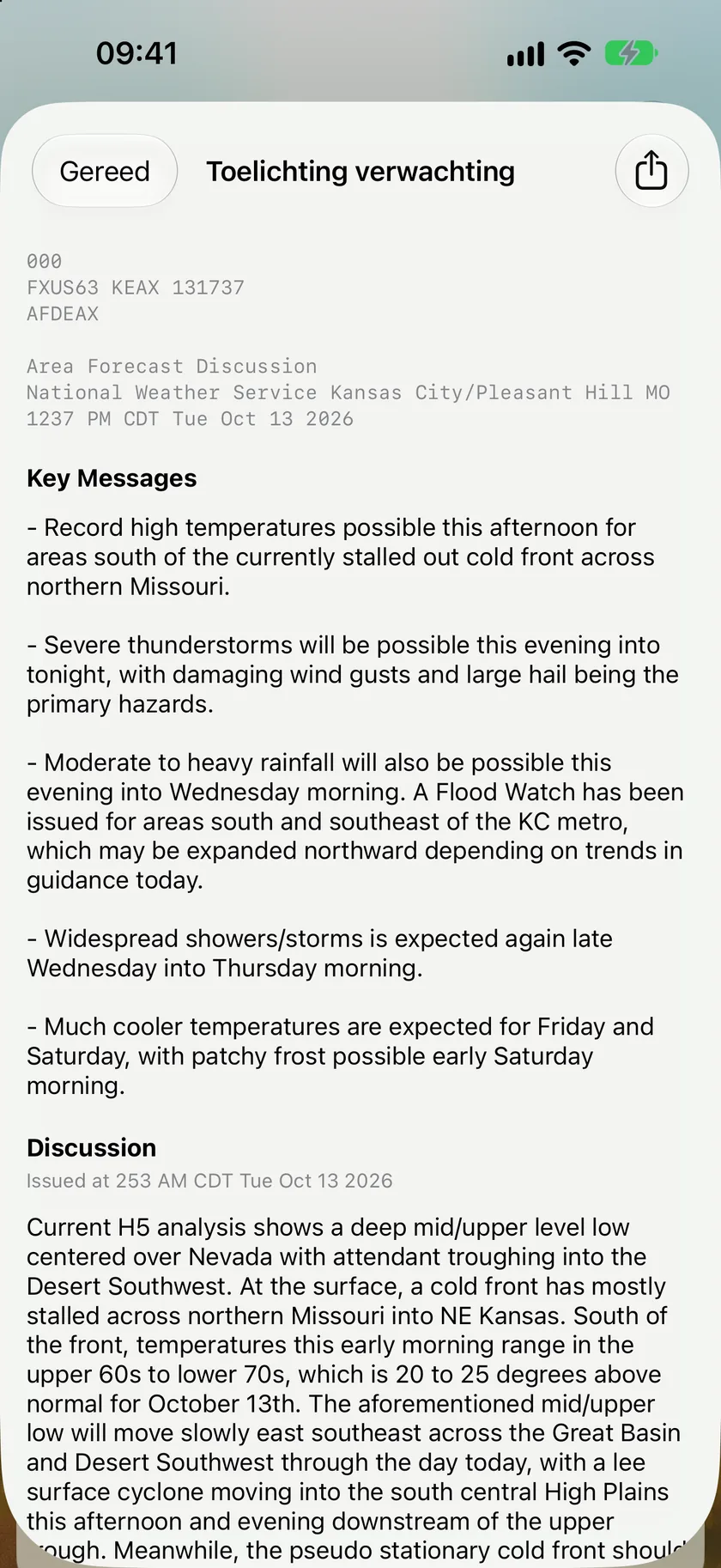 Het paneel Area Forecast Discussion met een toelichting van de National Weather Service en de belangrijkste punten.