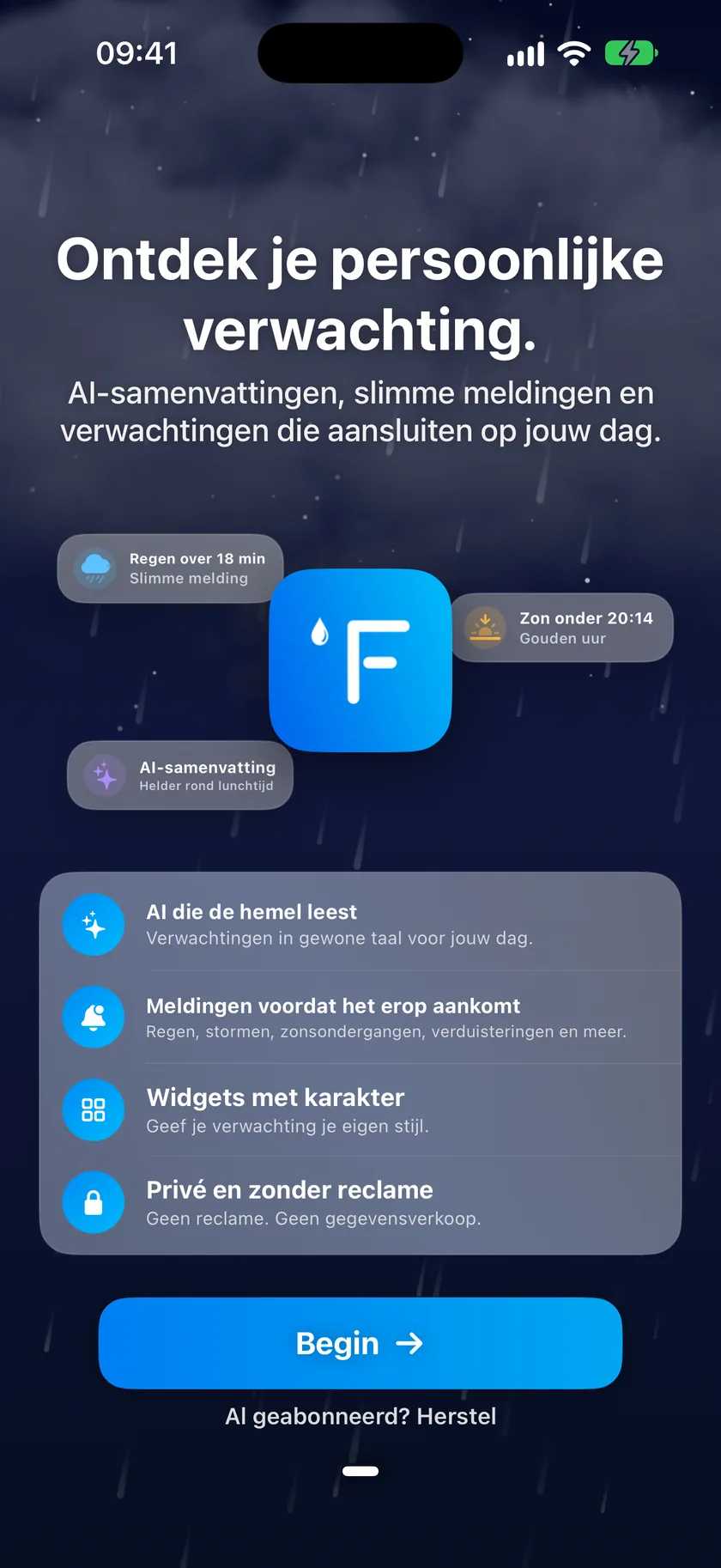 Het welkomstscherm van de rondleiding met voorbeeldmeldingen, een lijst met functies en een knop 'Aan de slag'.