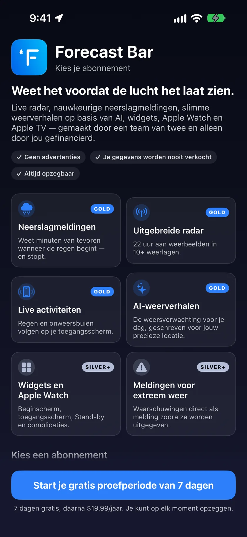 Het abonnementsscherm met de kaart van het abonnement Gold, dat de functies met vinkjes opsomt.