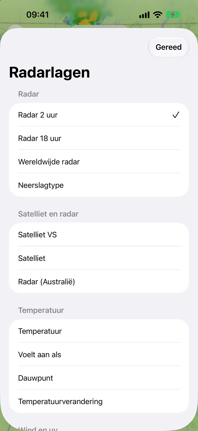 Het paneel met radarlagen met 2-uursradar, 18-uursradar, Wereldradar, Neerslagtype en lagen voor satelliet en temperatuur.