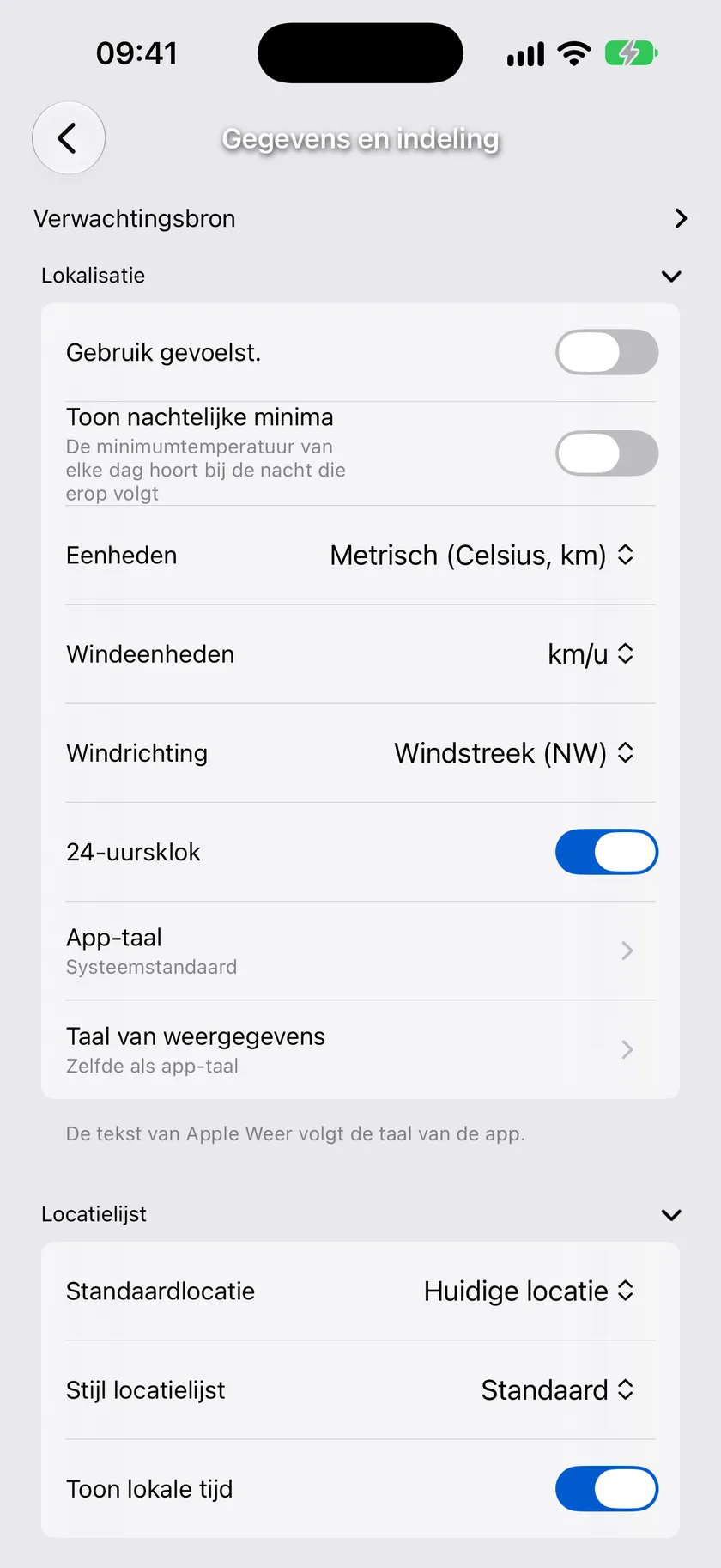 Het instellingenscherm Gegevens en indeling met de inklapbare secties
