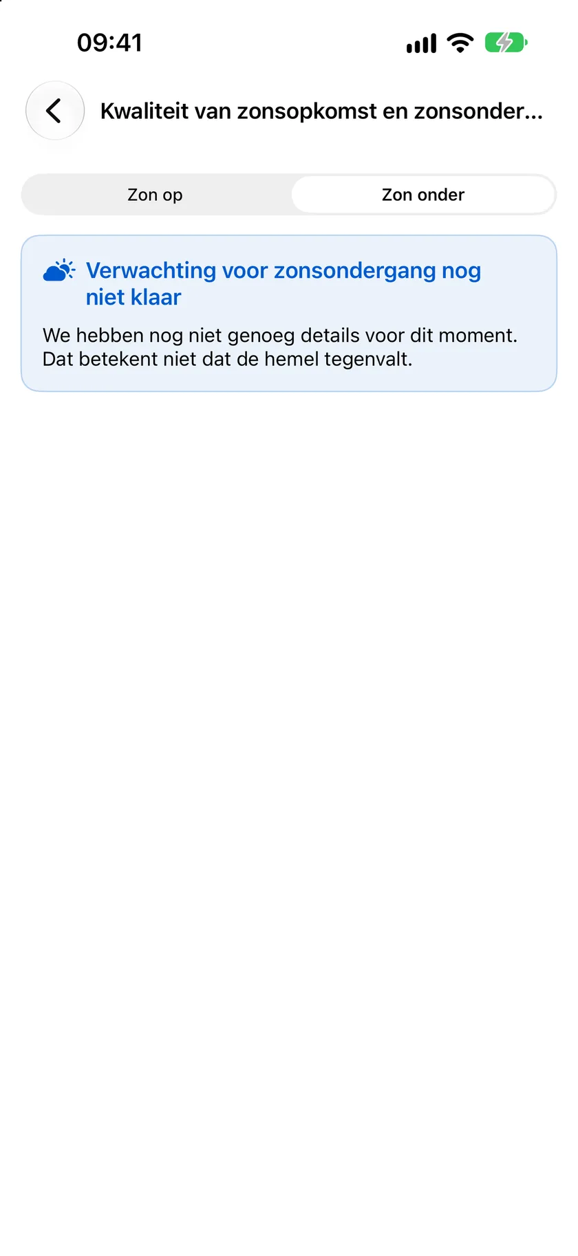 Het scherm Kwaliteit van zonsopkomst en zonsondergang met een score van 6,5 uit 10 (Goed), het tijdstip met de meeste kleur, de kijkrichting, de periode met gouden licht en de kansen op elke uitkomst.