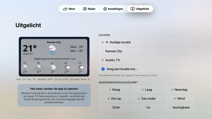 Het instellingenscherm van Uitgelicht met een live voorbeeldkaart, de locatielijst met een maximum van twee en het raster met gegevenspunten voor het onderschrift.