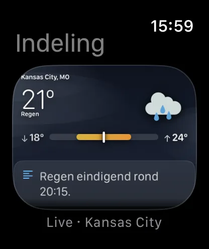 Het indelingsscherm op de Watch, met de kop Indeling, met een verkleinde live voorvertoning van het hoofdscherm met Kansas City op 72 graden en Zwaarbewolkt, en het onderschrift Live · Kansas City.