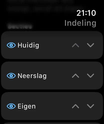 De lijst Onderdelen op de Watch, met op elke rij een oogschakelaar en een paar pijltjes omhoog en omlaag — Actueel, Neerslag en Aangepast.