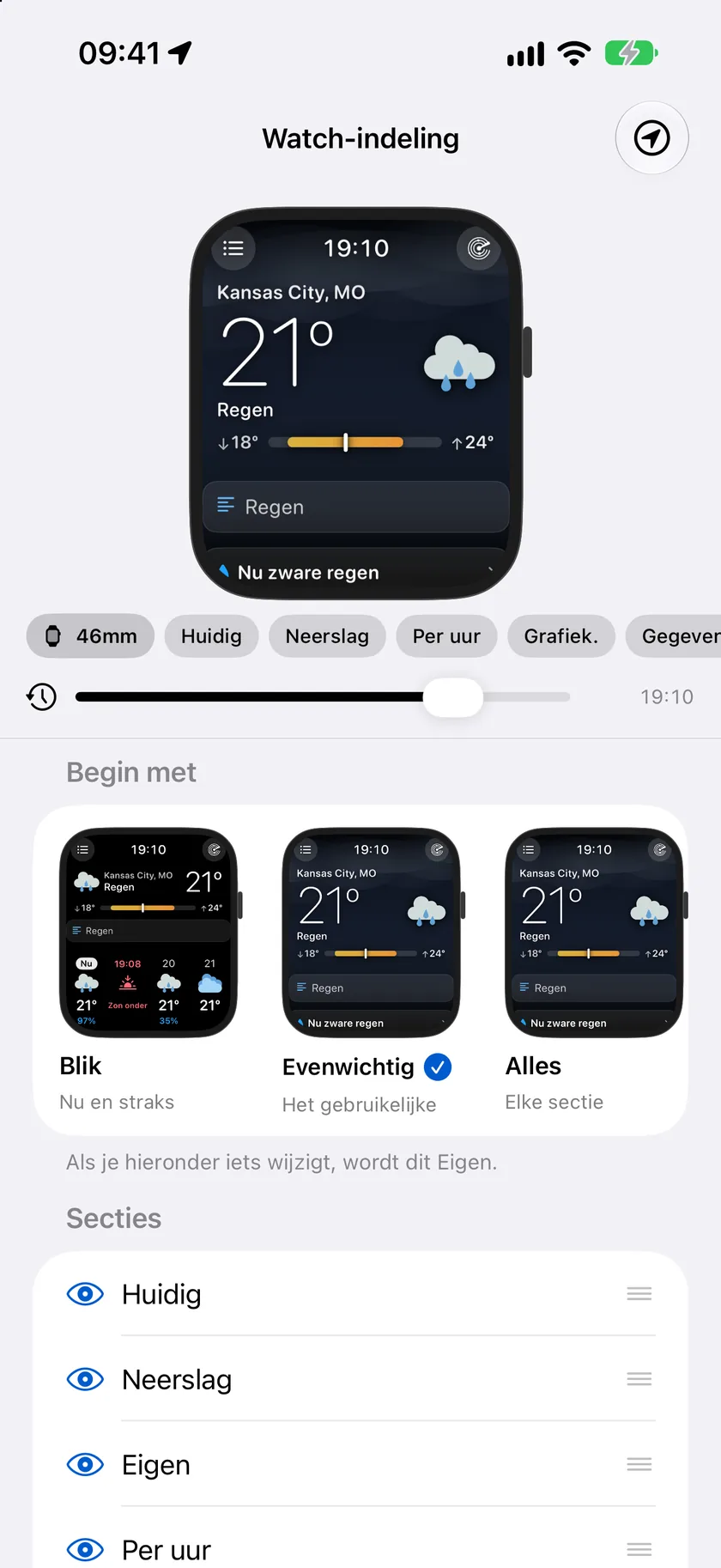Watch-indeling op de iPhone met de tijdlijn gesleept naar 19:10 — de voorvertoning van de Watch toont een mauve schemerlucht boven 69 graden en Halfbewolkt, de strook per uur markeert de zonsondergang om 19:16 in roze, en de kaarten met voorinstellingen tonen hetzelfde schemerscherm.
