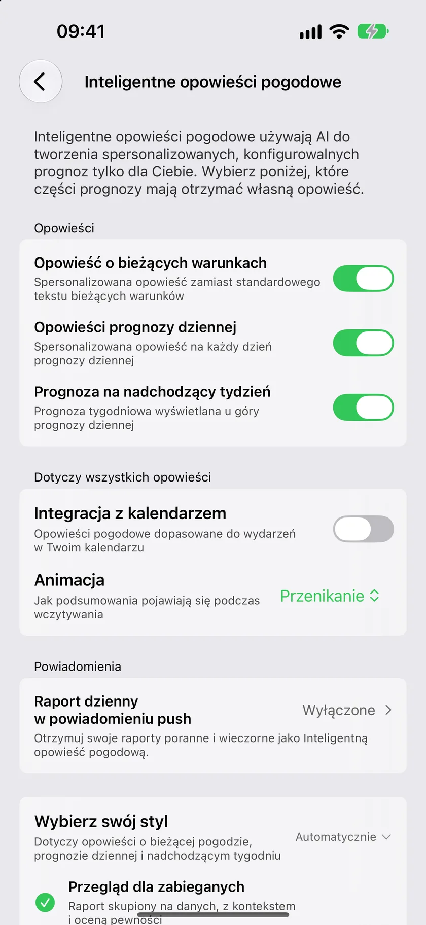 Ekran ustawień Inteligentnych opowieści pogodowych z sekcją Opowieści i osobnym przełącznikiem dla każdej opowieści