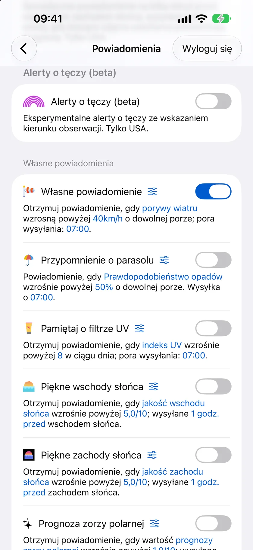 Lista Własne powiadomienia z pozycjami Alert o trzęsieniu ziemi, Piękne zachody słońca, Przypomnienie o kremie z filtrem, Przypomnienie o parasolu i własnym alertem o porywach wiatru; każda pozycja opisuje swoją regułę jednym zdaniem.