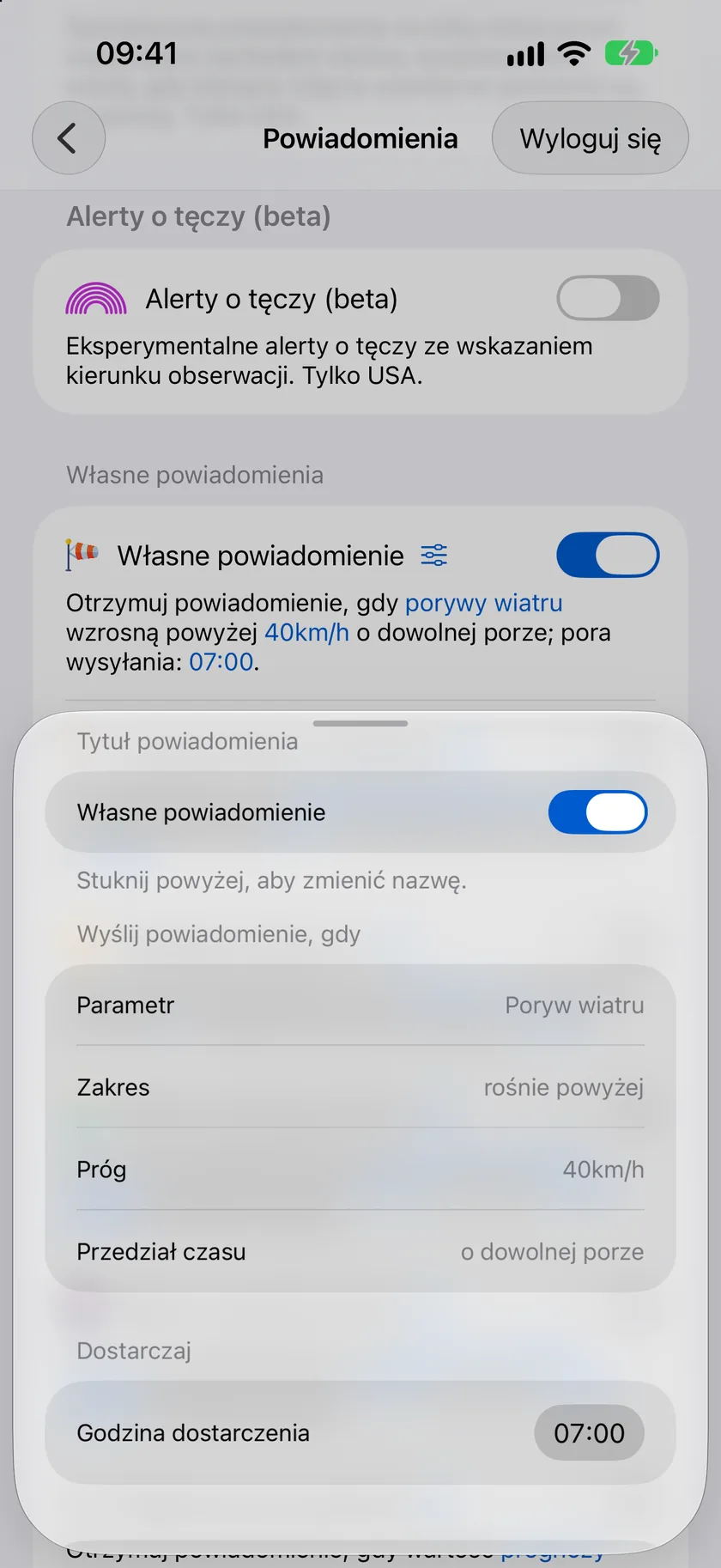 Edytor własnego powiadomienia z Przypomnieniem o parasolu – wskaźnik Możliwe opady, wzrośnie powyżej 50 procent, w dowolnym momencie, dostarczane o 7:00.