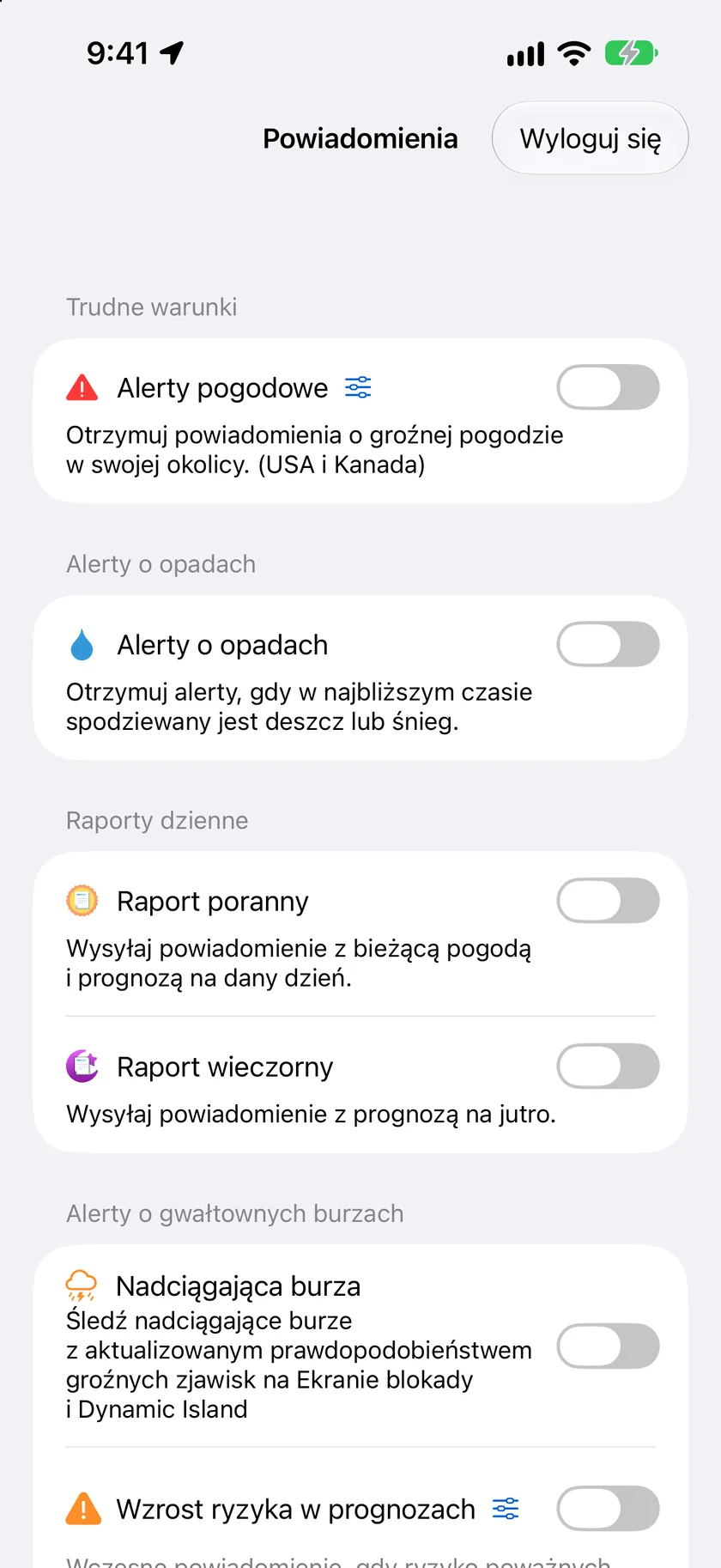 Ekran ustawień Powiadomienia z włączonymi sekcjami Trudne warunki, Alerty o opadach, Wydarzenia na żywo i Raporty dzienne.