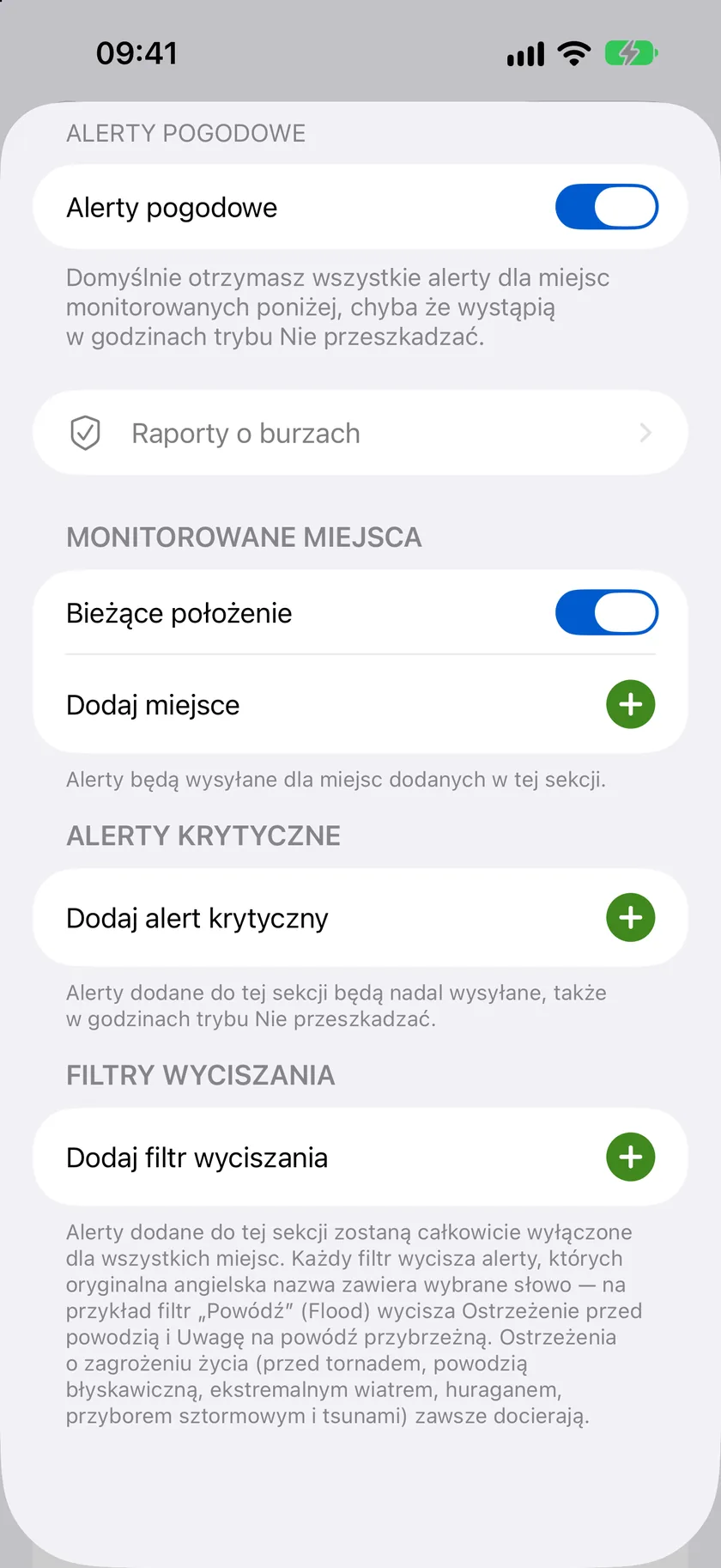 Arkusz szczegółów Alerty pogodowe z głównym przełącznikiem oraz sekcjami Monitorowane miejsca, Alerty krytyczne i Filtry wyciszania.