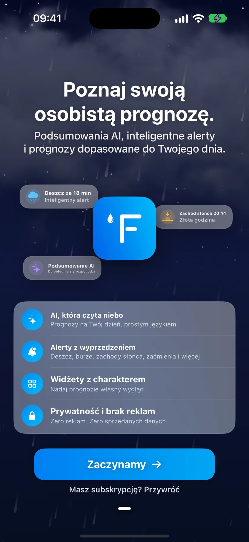 Pierwszy ekran przewodnika powitalnego z przykładowymi etykietami alertów, listą funkcji i przyciskiem Zacznij.