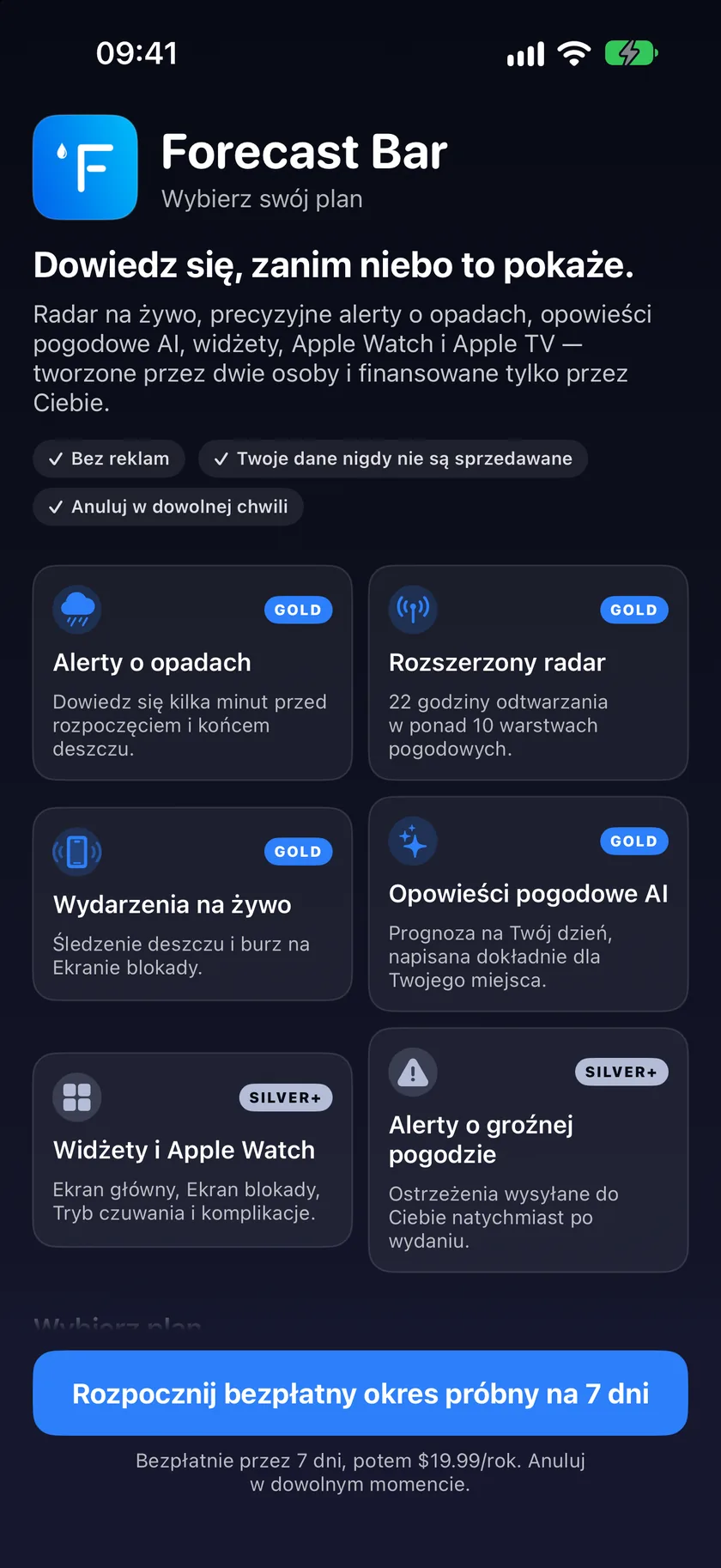 Ekran subskrypcji z kartą planu Gold, na której funkcje są oznaczone znacznikami wyboru.