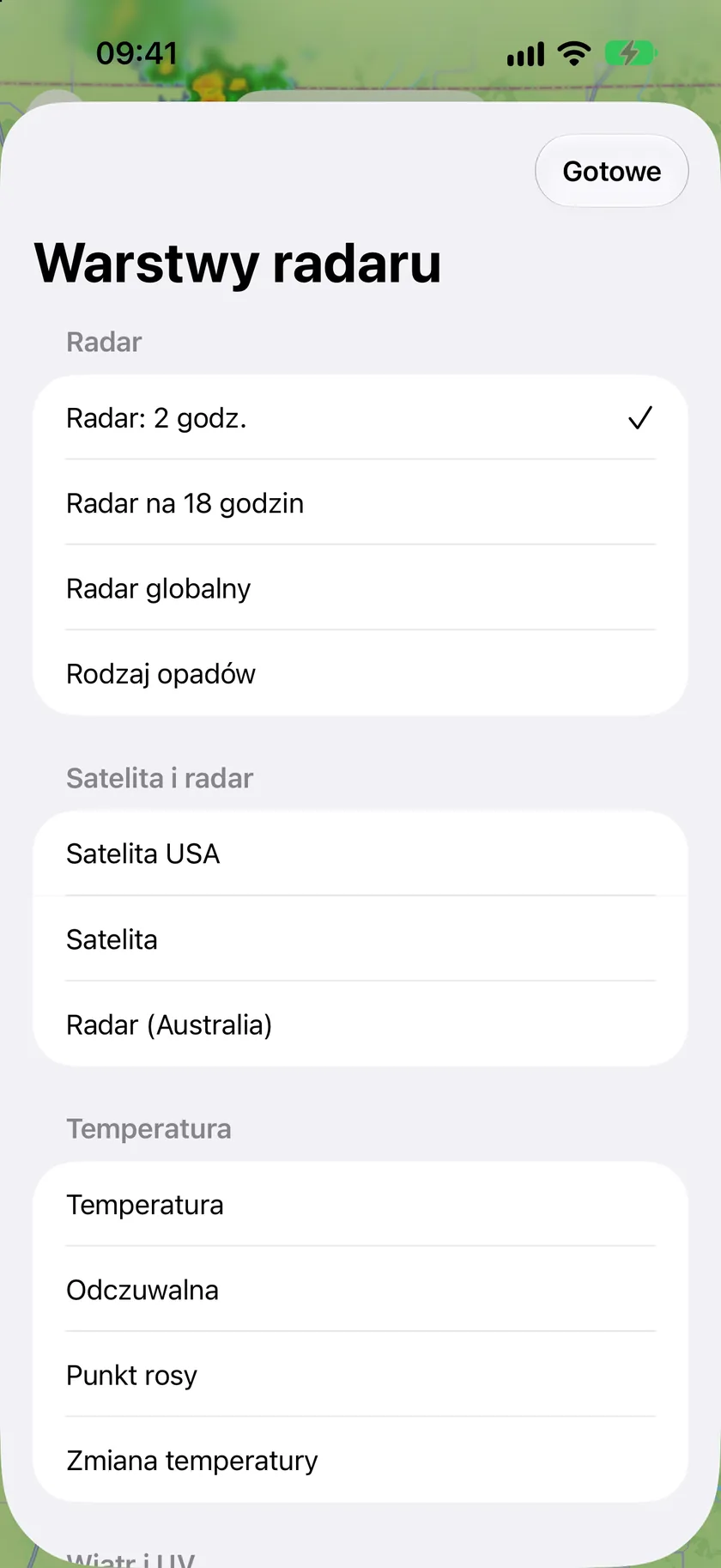 Arkusz warstw radaru z pozycjami Radar 2 godz., Radar 18 godz., Radar globalny, Rodzaj opadów oraz warstwami satelitarnymi i temperatury.