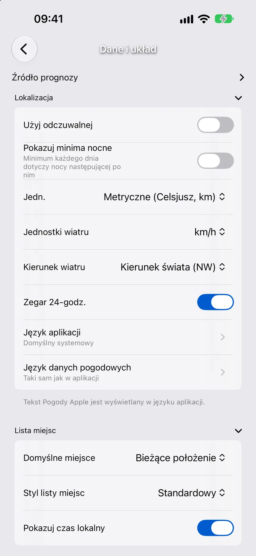 Ekran ustawień Dane i układ ze zwijanymi sekcjami
