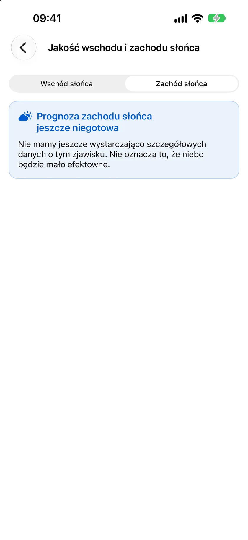 Ekran Jakość wschodu i zachodu słońca z oceną 6,5 na 10 („Dobre”), porą najintensywniejszych barw, kierunkiem obserwacji, oknem złotego światła i szansami na poszczególne efekty.
