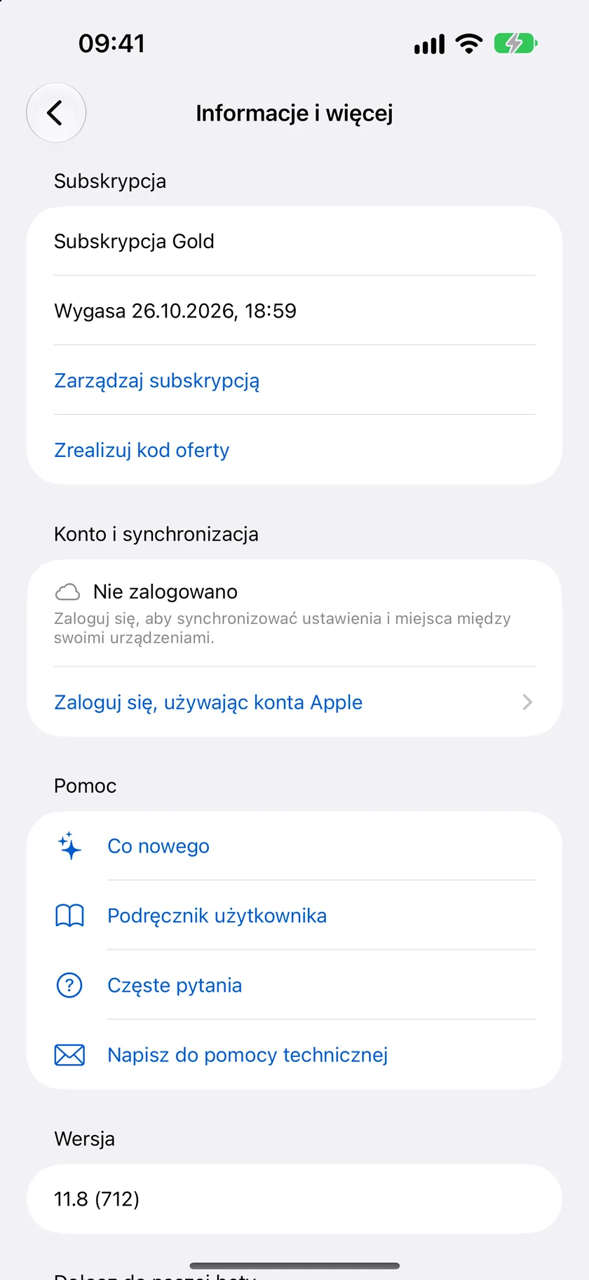 Ekran Informacje i więcej z sekcją Konto i synchronizacja, w której można zalogować się przez Apple