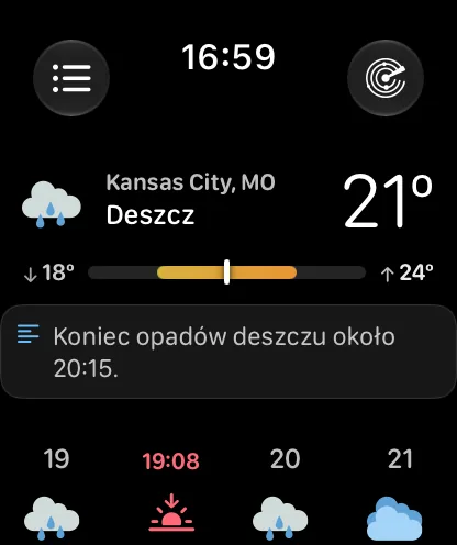 Widok główny z gotowym ustawieniem Zerknięcie — kompaktowy nagłówek z Kansas City, pochmurnie i 72 stopnie, pasek zakresu, podsumowanie i pasek godzinowy od 14:00 do 17:00.