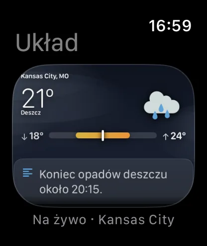 Ekran Układ na zegarku z nagłówkiem Układ, z pomniejszonym podglądem na żywo widoku głównego z Kansas City, 72 stopniami i pochmurnie, podpisanym Na żywo · Kansas City.