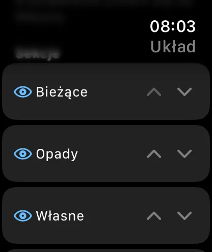 Lista Sekcje na zegarku, w każdym wierszu przełącznik z ikoną oka i para strzałek w górę i w dół — Bieżące, Opady i Własne.