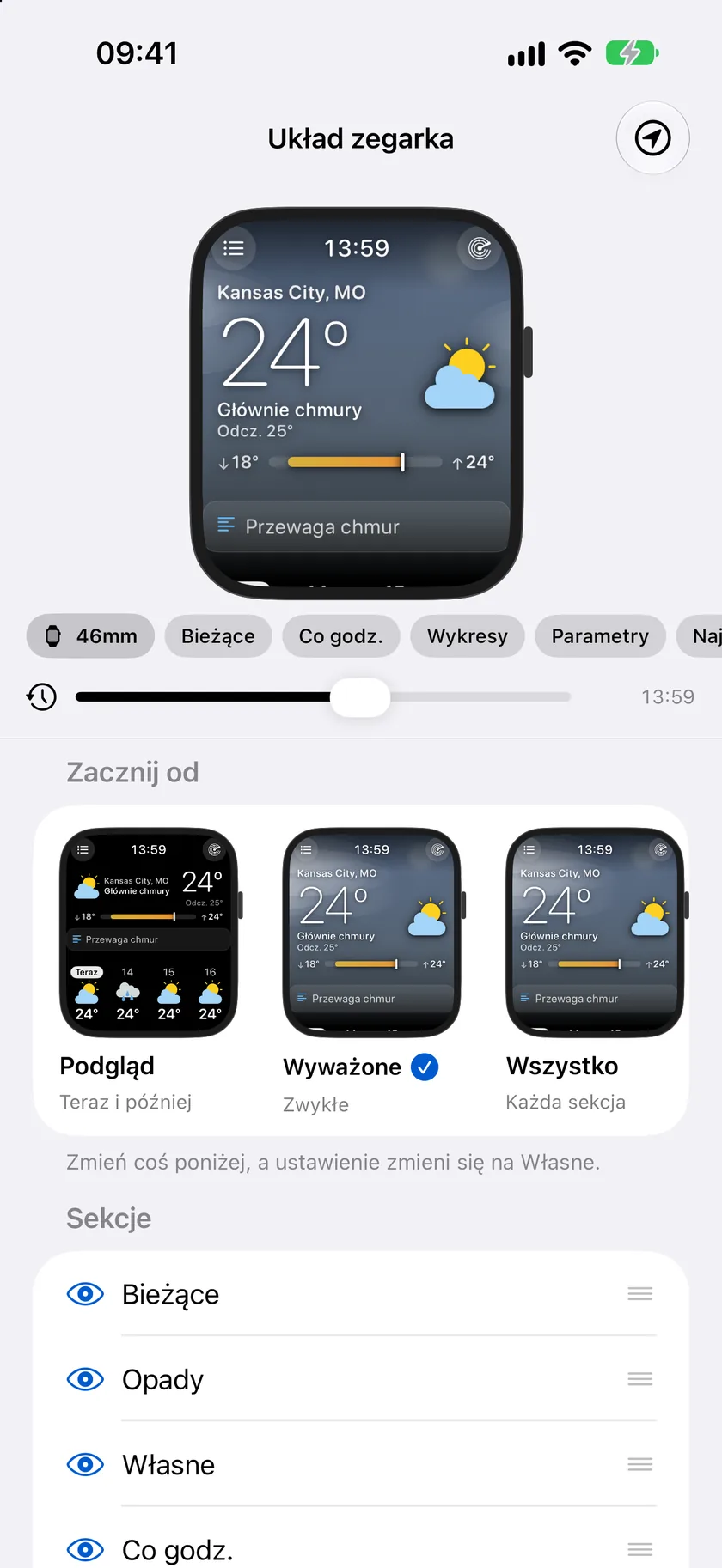Układ zegarka na iPhonie — koperta zegarka z prawdziwym widokiem głównym: Kansas City, 71 stopni i pochmurnie, pod nią przycisk 46 mm i przyciski sekcji, suwak osi czasu na 13:59, a dalej karty Zacznij od dla ustawień Zerknięcie, Zrównoważony i Wszystko oraz lista Sekcje.