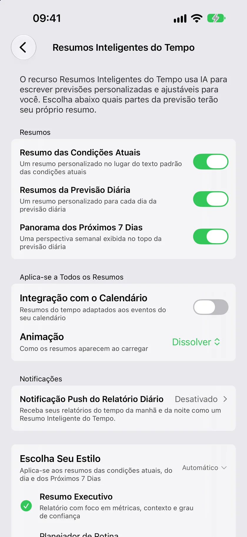 A tela de ajustes dos Resumos Inteligentes do Tempo mostrando a seção Resumos com um botão para cada resumo