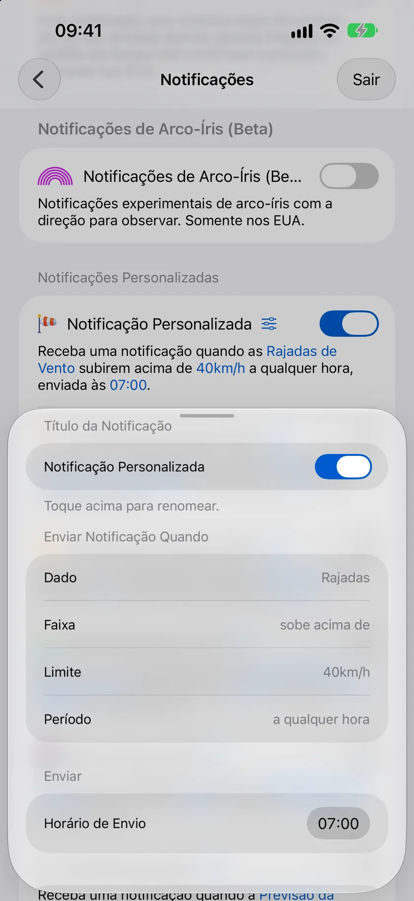 O editor de notificação personalizada mostrando o Lembrete de Guarda-Chuva: ponto de dados Chance de Precipitação, passa de 50 por cento, a qualquer hora, entregue às 07:00.