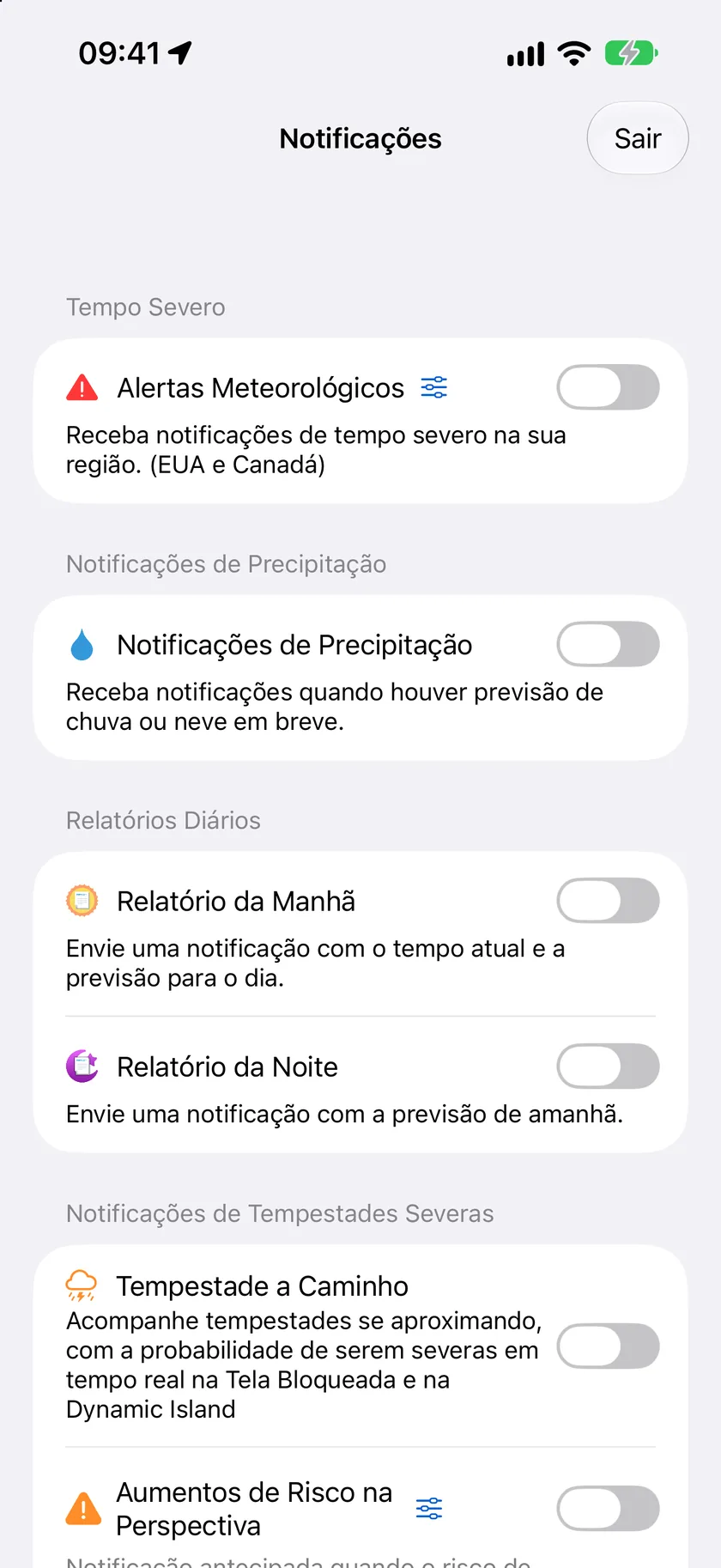 A tela de ajustes Notificações com as seções Tempo Severo, Notificações de Precipitação, Atividade ao Vivo e Relatórios Diários, todas ativadas.