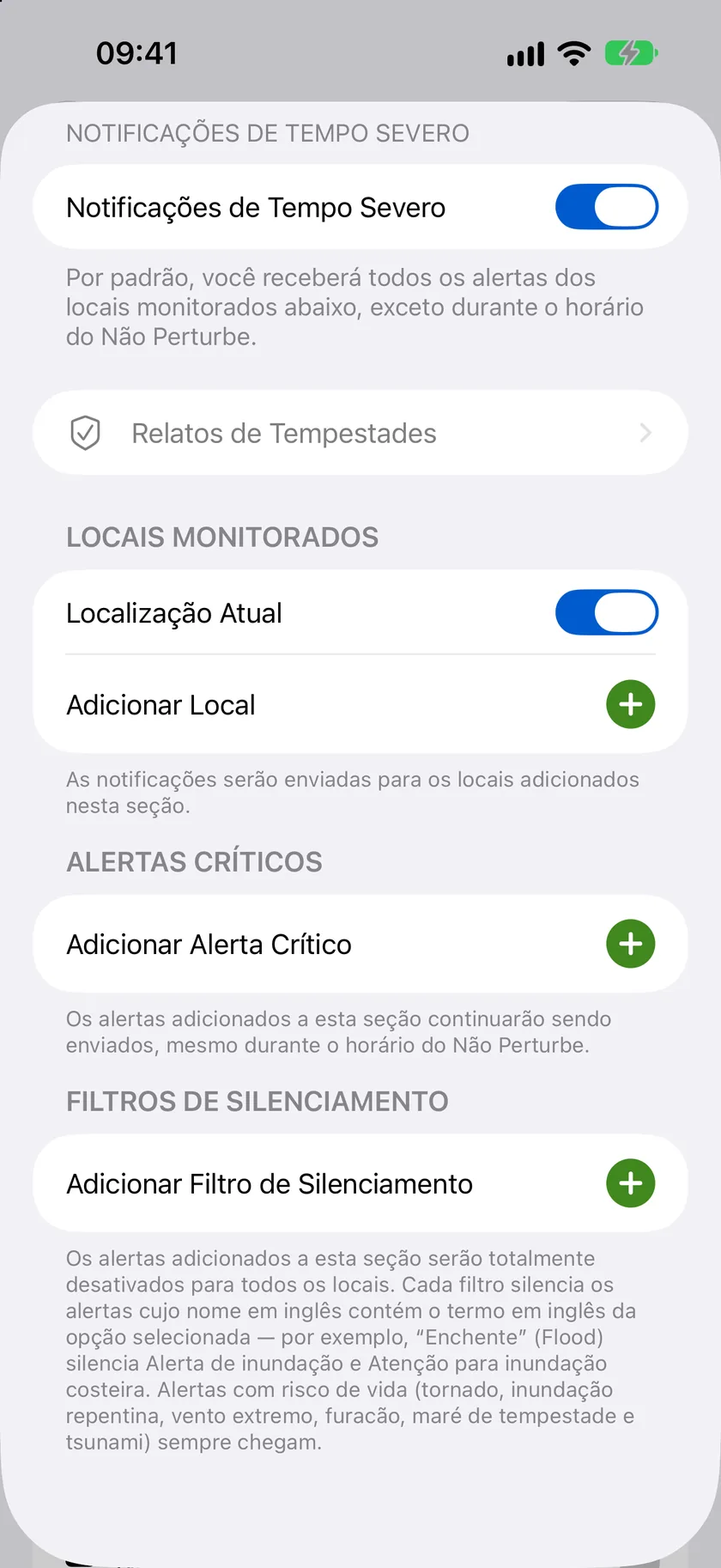 A tela de detalhes Notificações do Tempo com a chave principal e as seções Locais Monitorados, Alertas Críticos e Filtros de Silêncio.