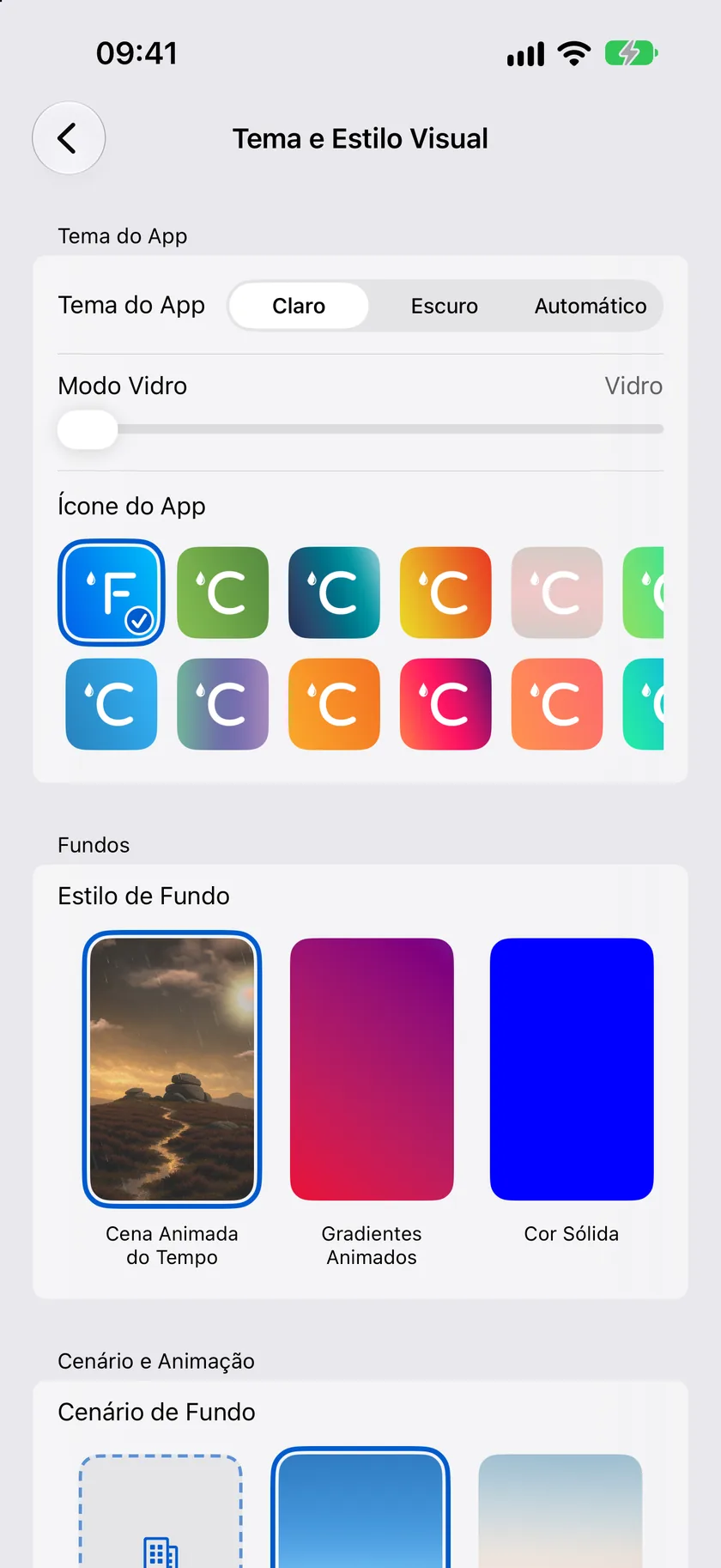 A tela de ajustes Tema e Estilo Visual mostrando Tema do App, Fundos e os cartões de cena