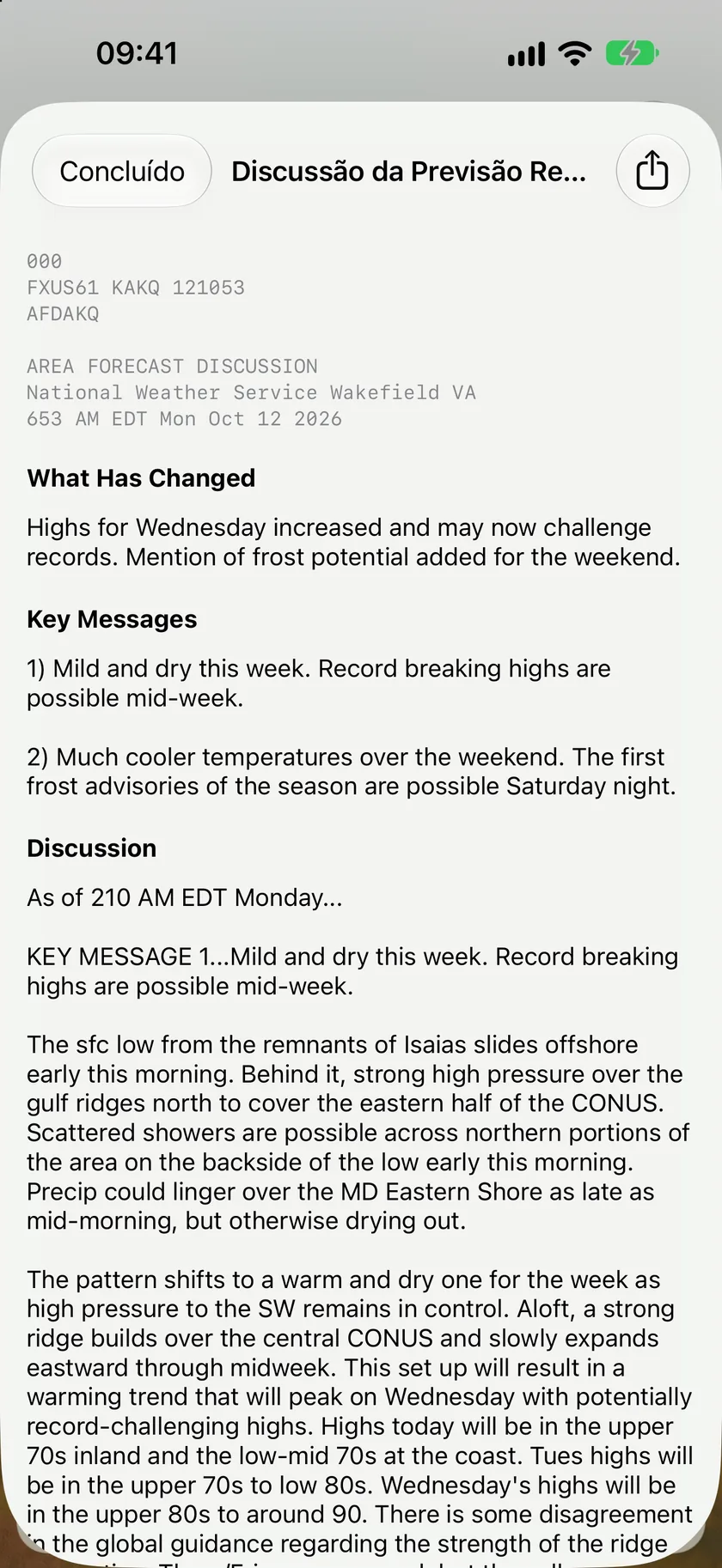 A folha Discussão da Previsão de Área mostrando uma discussão do National Weather Service dos EUA com as mensagens principais.
