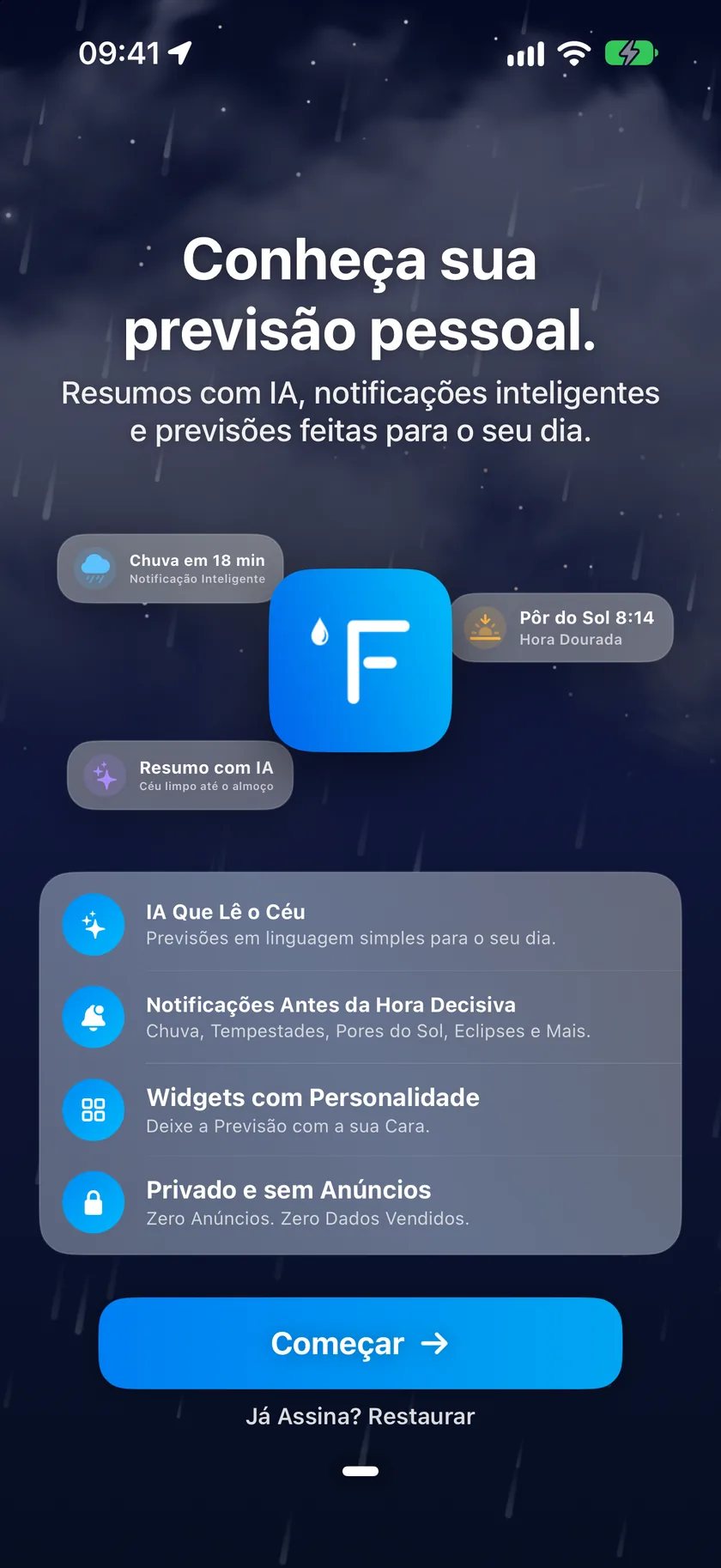 A tela de boas-vindas da apresentação inicial, com exemplos de notificações, uma lista de recursos e o botão Começar.
