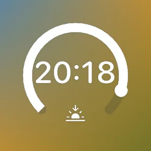 O widget circular Nascer e Pôr do Sol — um anel grosso aberto na parte de baixo, preenchido quase por completo até um marcador em forma de sol, 19:16 em tamanho grande no centro e um pequeno símbolo de pôr do sol na abertura do anel.