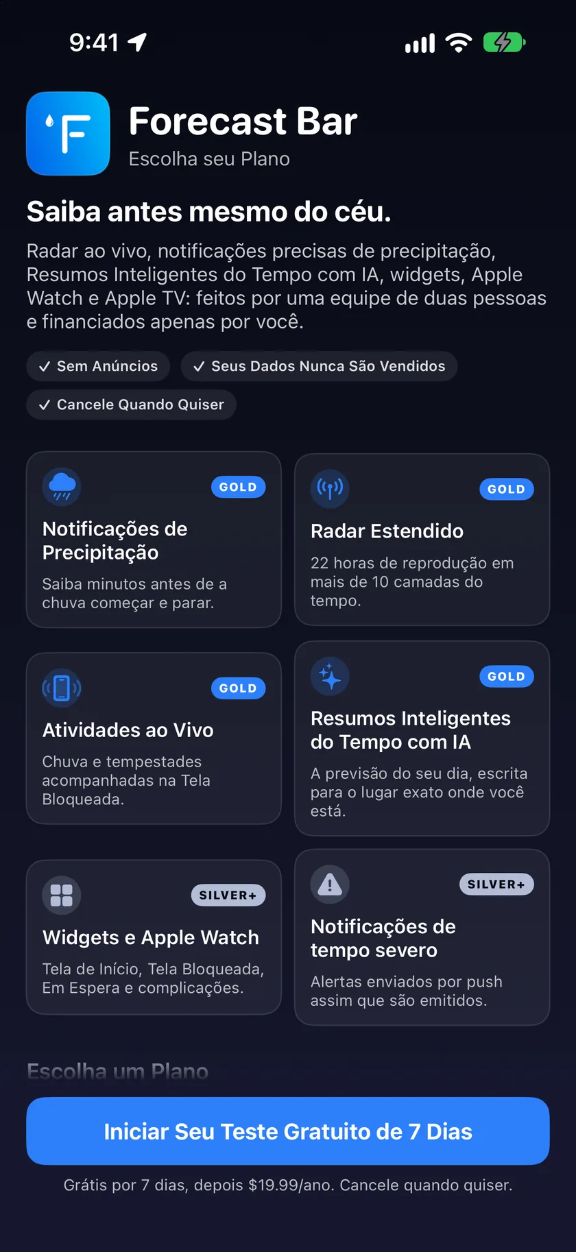 A tela de assinatura com o cartão do plano Gold listando seus recursos com marcas de seleção.