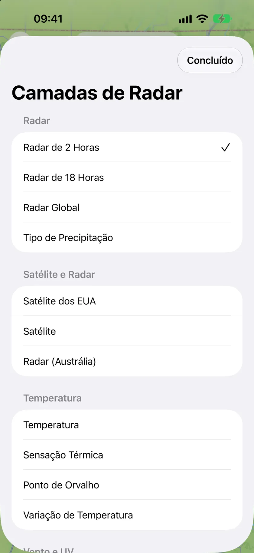 A folha Camadas do Radar listando Radar de 2 Horas, Radar de 18 Horas, Radar Global, Tipo de Precipitação e camadas de satélite e temperatura.