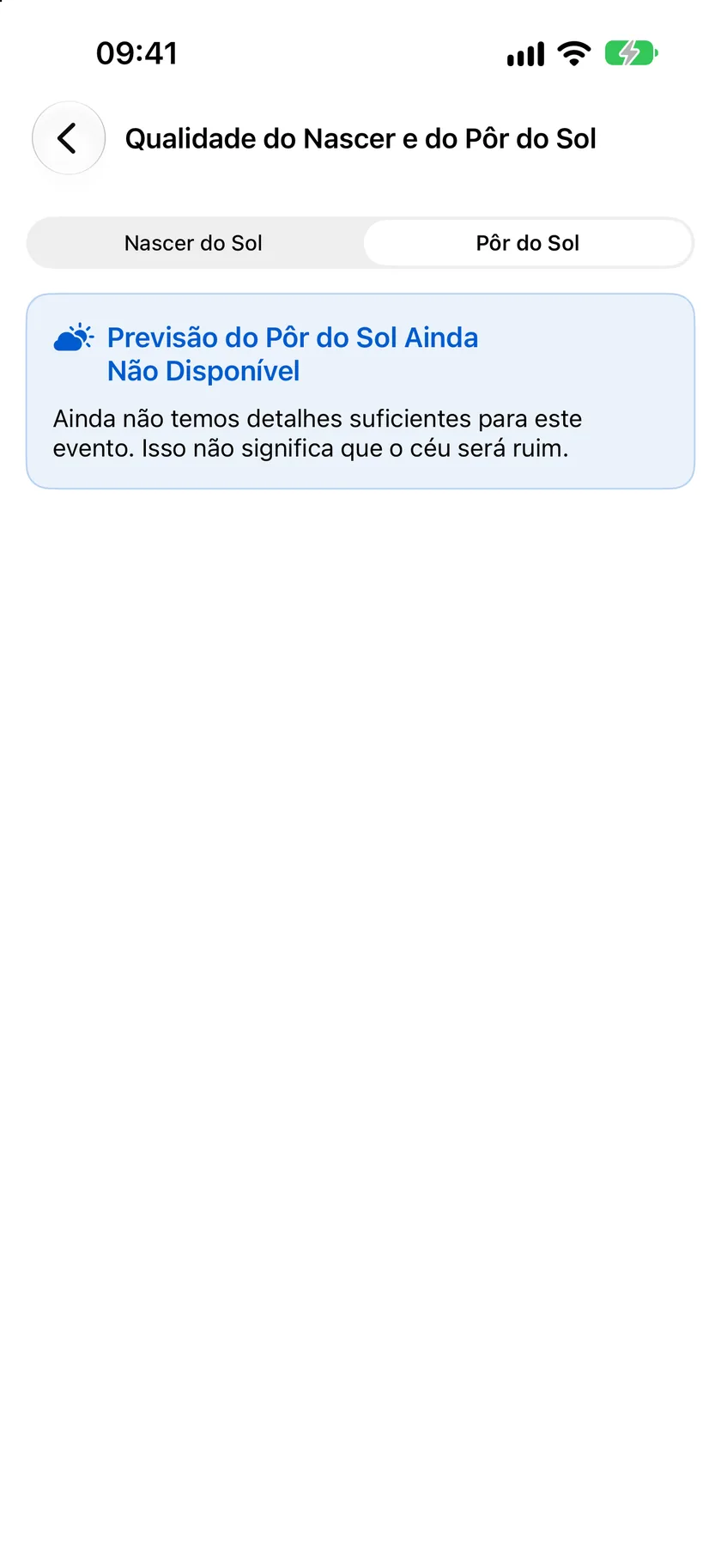 A tela Qualidade do Nascer e do Pôr do Sol mostrando uma pontuação Boa de 6,5 de 10, o horário de pico de cor, a direção para olhar, a janela de luz dourada e as chances de resultado.