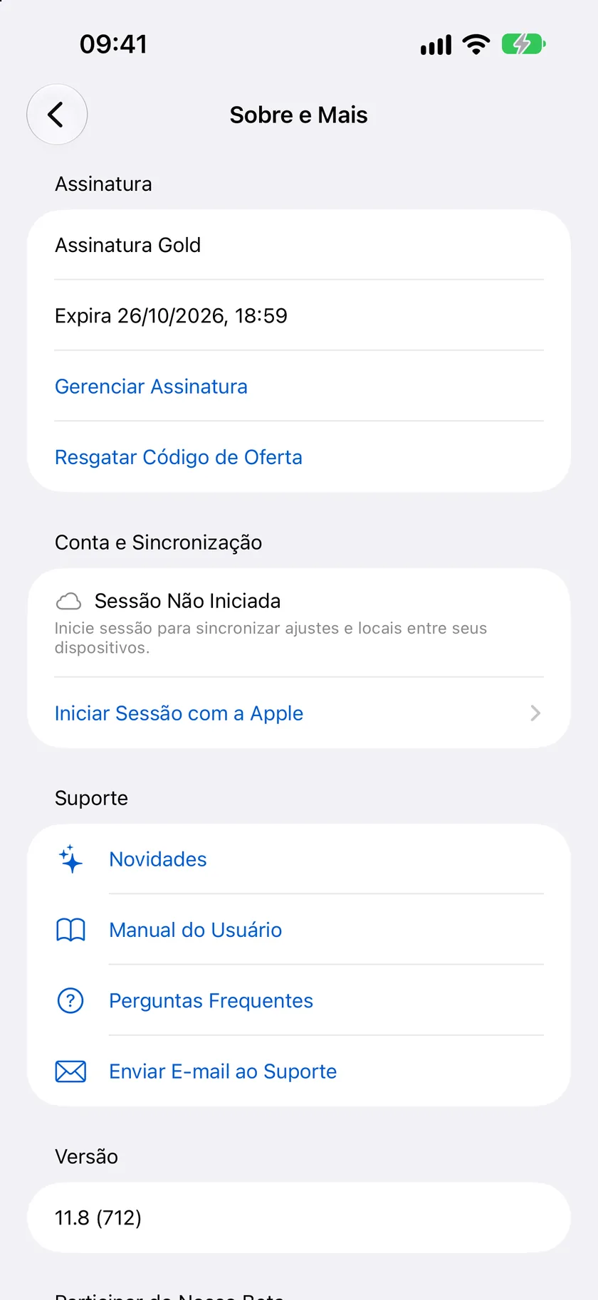 A tela Sobre e Mais com a seção Conta e Sincronização oferecendo Iniciar Sessão com a Apple