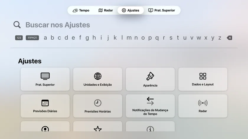 A tela Ajustes do Apple TV com onze blocos, de Prateleira Superior a Sobre e Mais.