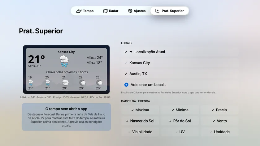 A tela de ajustes da Prateleira Superior com um cartão de pré-visualização ao vivo, a lista de locais limitada a dois e a grade de pontos de dados da legenda.
