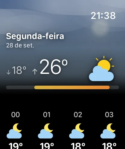Uma tela de detalhes do dia para quinta-feira, 24 de setembro, sob um céu com a tonalidade daquele dia e o brilho do sol — uma seta para baixo e 63 graus ao lado de um grande 77 graus com um ícone de sol atrás de nuvem, uma barra de temperatura alinhada à semana e a faixa por hora do próprio dia começando em 0h, 1h, 2h e 3h.