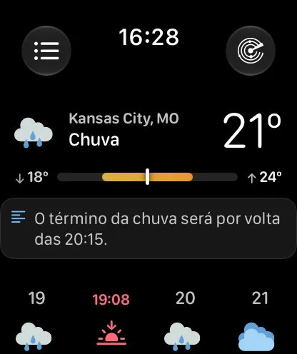 A tela principal com a predefinição Visão Rápida — um cabeçalho compacto com Kansas City, Nublado e 72 graus, uma barra de variação, um resumo e a faixa por hora mostrando das 14h às 17h.