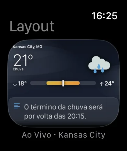 A tela Layout no relógio, com o título Layout, mostrando uma prévia ao vivo reduzida da tela principal com Kansas City a 72 graus e Nublado, com a legenda Ao Vivo · Kansas City.